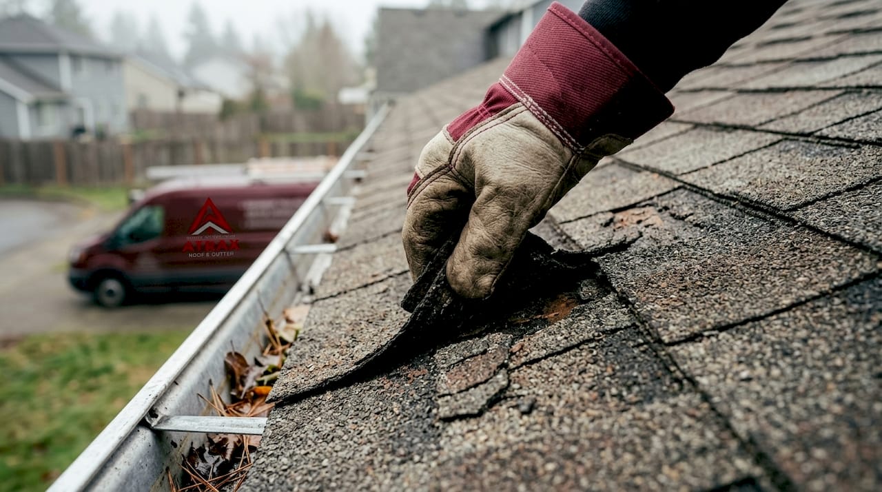 Close-up on damaged asphalt roof shingles