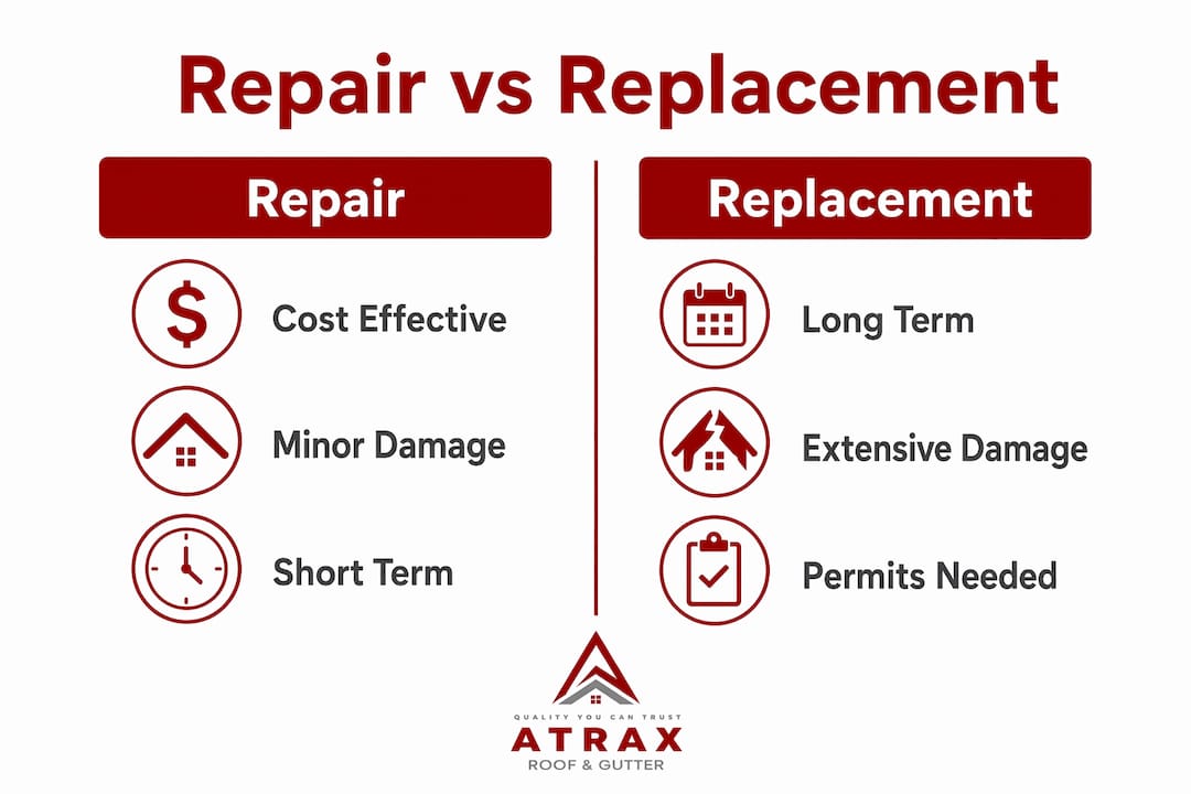 Infographic comparing roof repair and replacement features