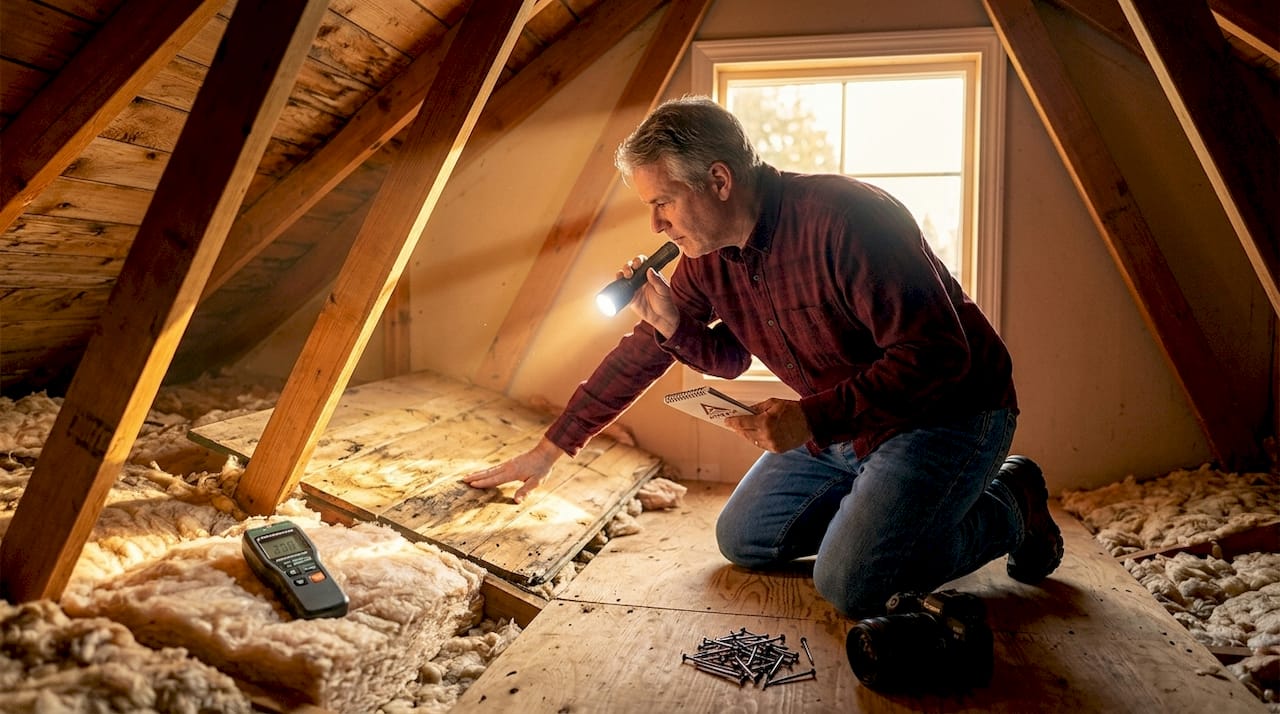 Homeowner inspecting attic roof damage