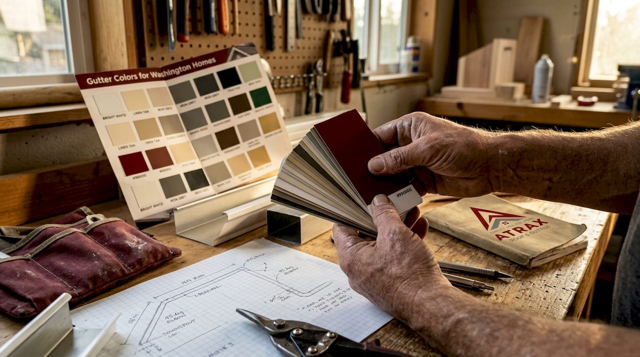 Hands holding aluminum gutter color samples in workshop