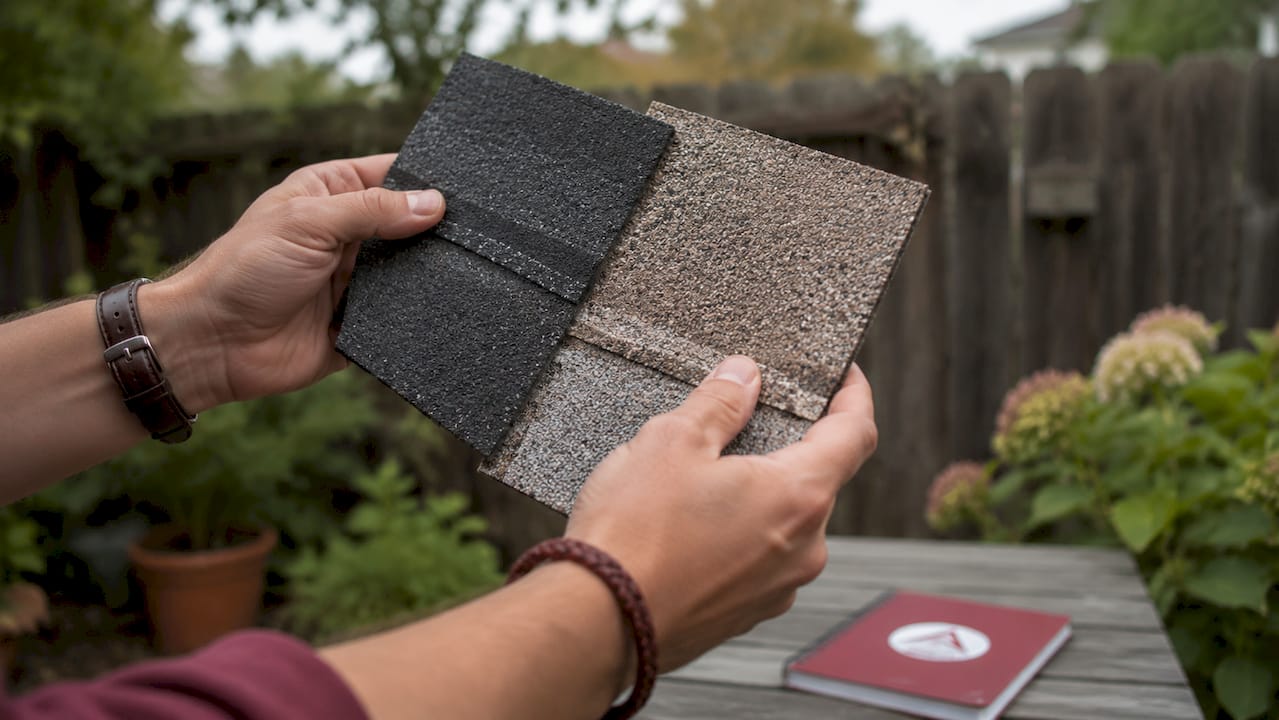 Hands comparing two types of roofing shingles outdoors