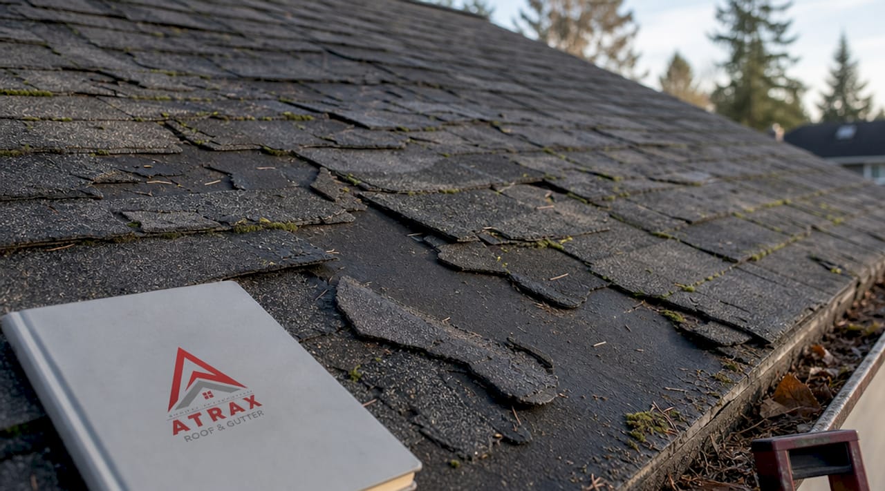 Close-up of damaged and curling roof shingles