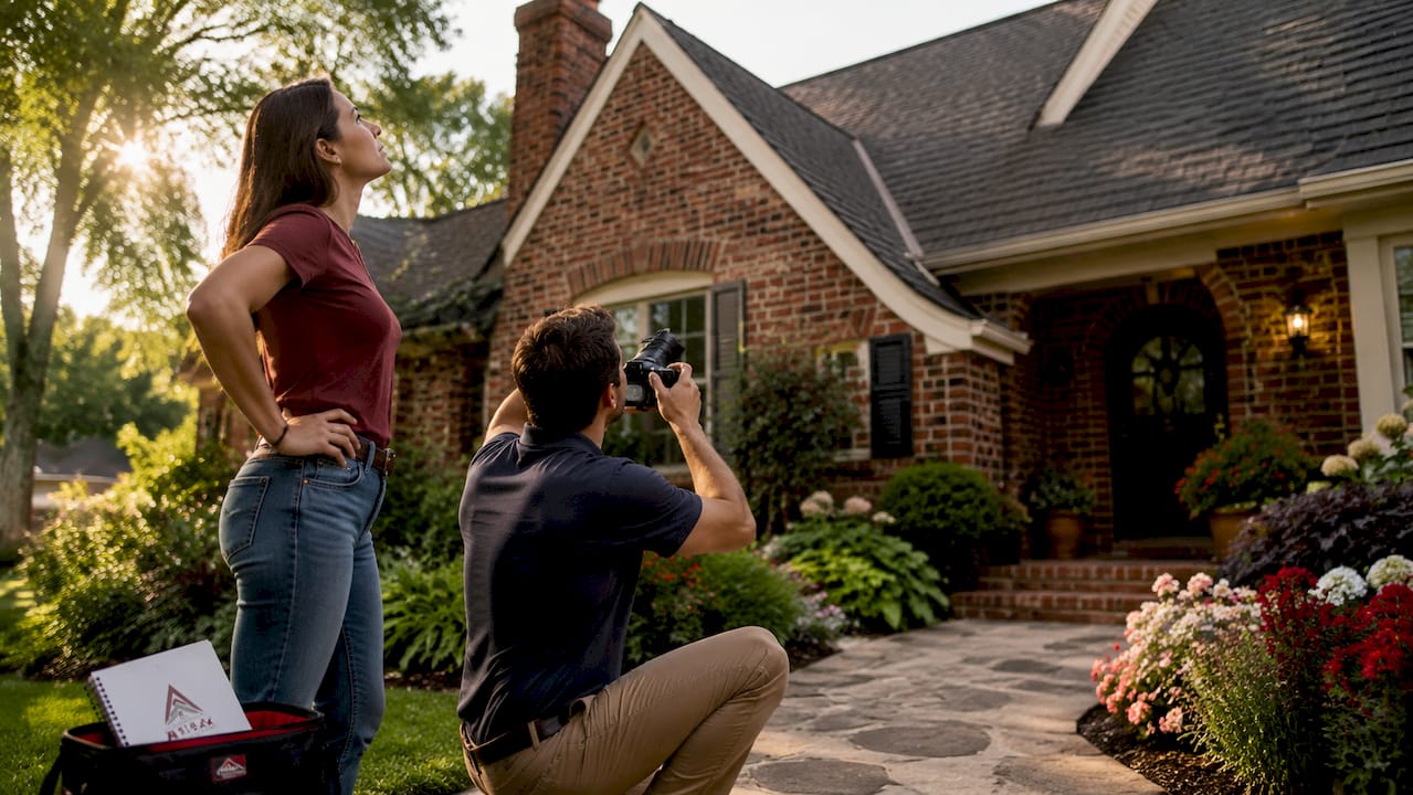 Couple evaluating roof condition during home inspection