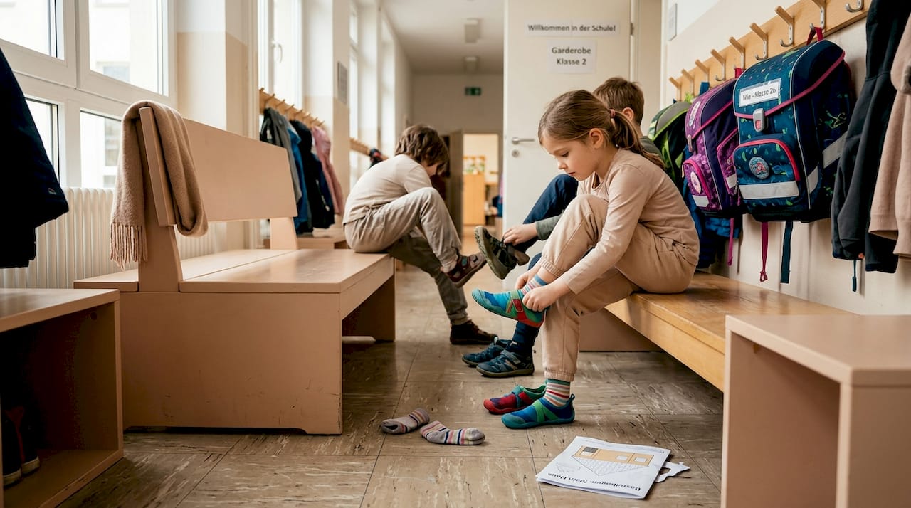 Ein Kind schlüpft im Flur der Schule in seine Barfußschuhe.