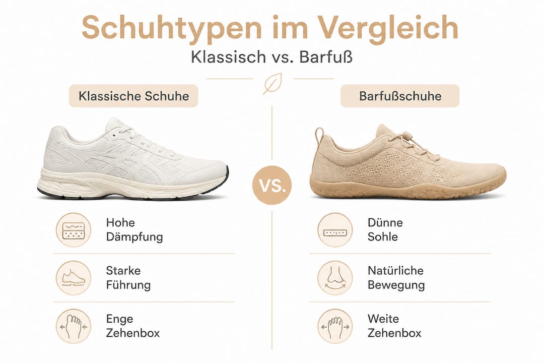 Vergleich: Traditioneller Schuh vs. Barfußschuh – anschaulich dargestellt in einer Infografik