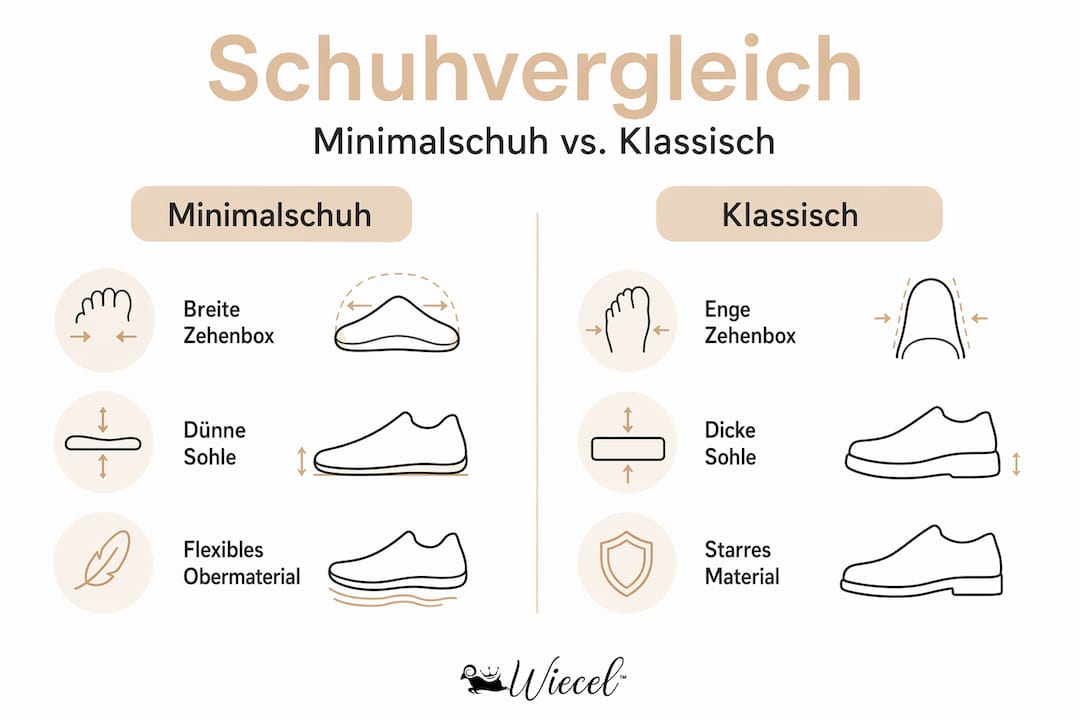 Übersichtsgrafik: Minimalschuhe versus herkömmliche Schuhe – die wichtigsten Unterschiede auf einen Blick