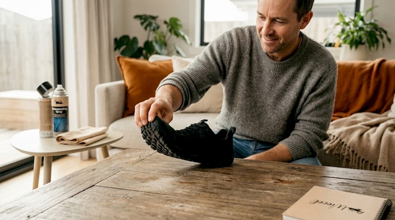 Flexible Sohle eines Barfußschuhs wird auf einem Holztisch gereinigt