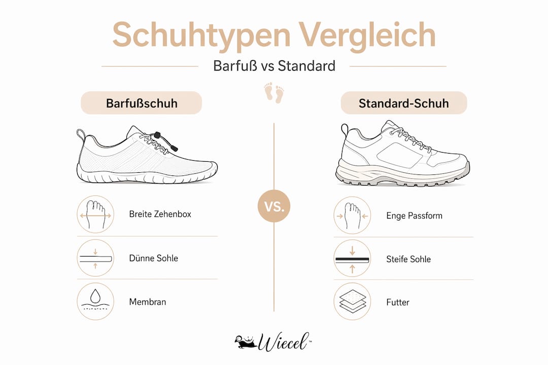 Technologie-Check: Infografik zum Vergleich von Barfußschuhen und klassischen Schuhmodellen
