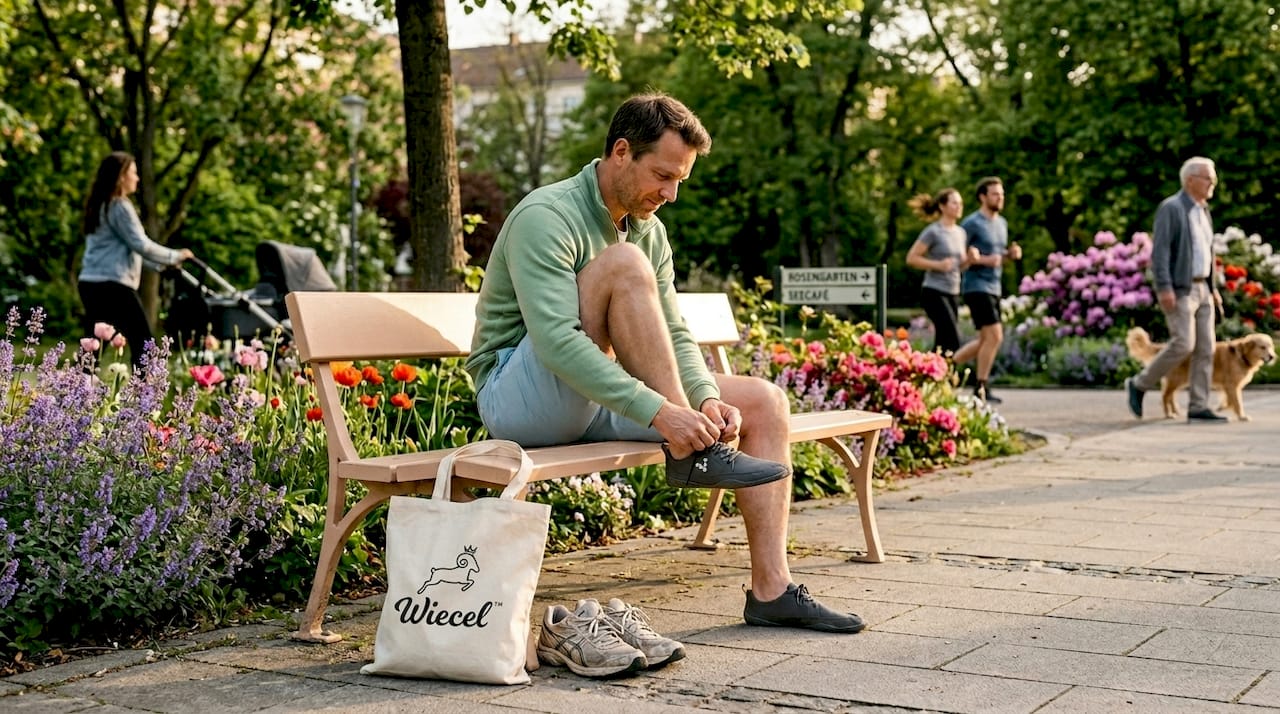 Ein Mann wechselt auf einer Parkbank seine Schuhe.