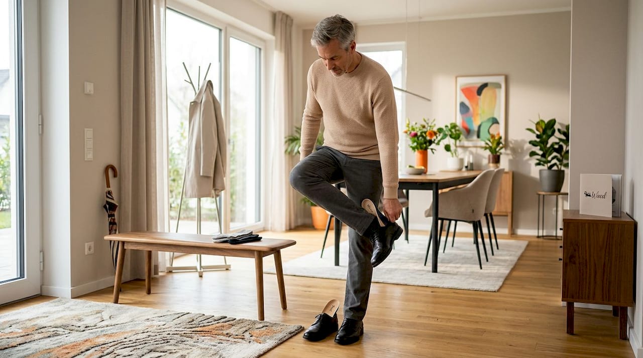 Ein Mann zieht im Flur seine Schuhe mit Einlagen an.