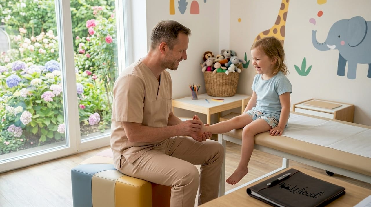 Im freundlich gestalteten Behandlungszimmer untersucht der Arzt die Füße eines Kindes.