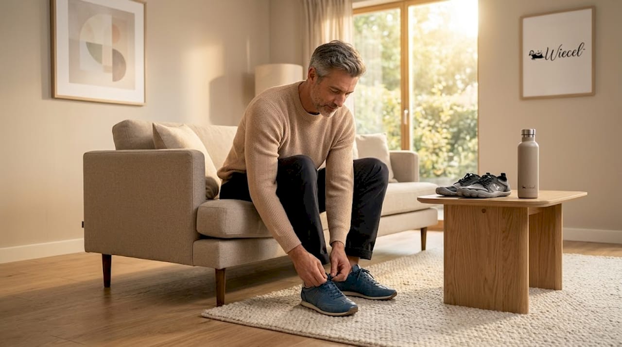 Ein Mann schnürt seine Schuhe, während ein Paar Barfußschuhe neben ihm liegt.