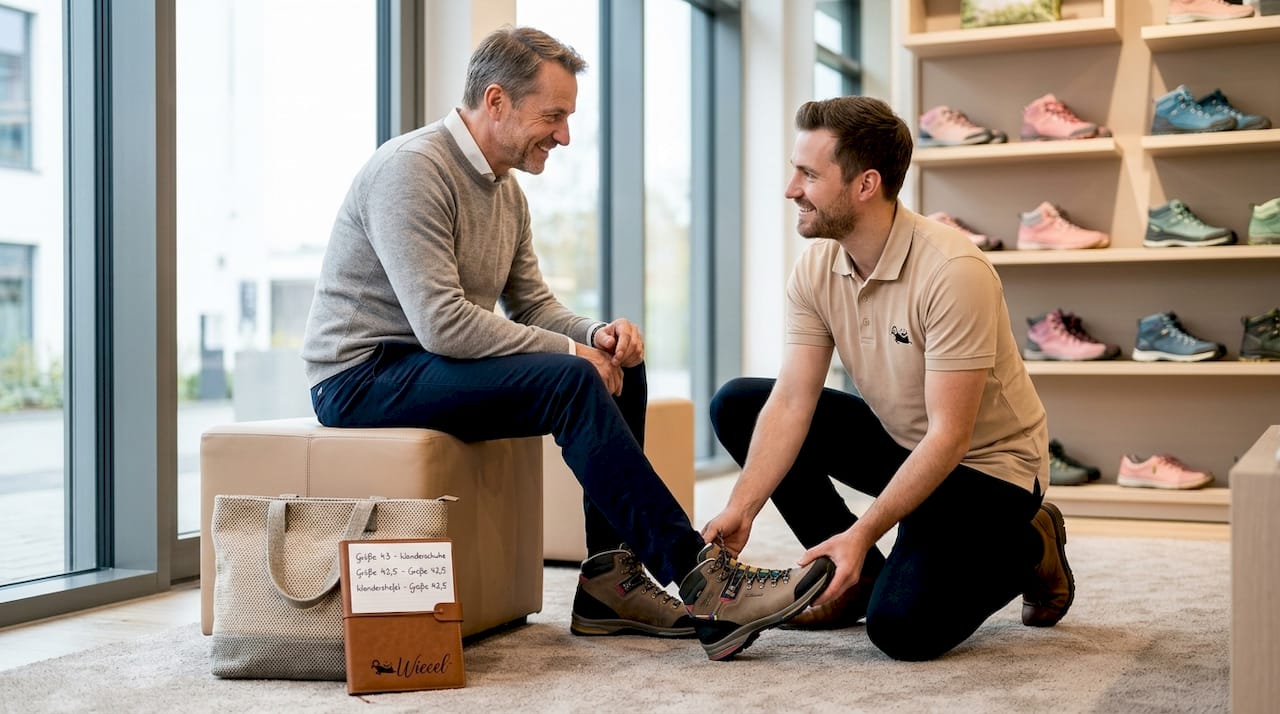 Ein Kunde lässt sich im Schuhfachgeschäft beraten und probiert verschiedene Modelle an.