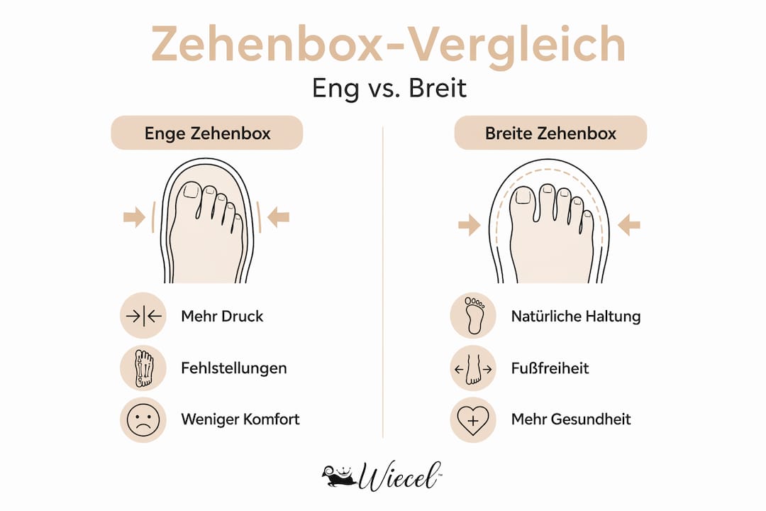 Infografik: Breite vs. schmale Zehenbox – der direkte Vergleich