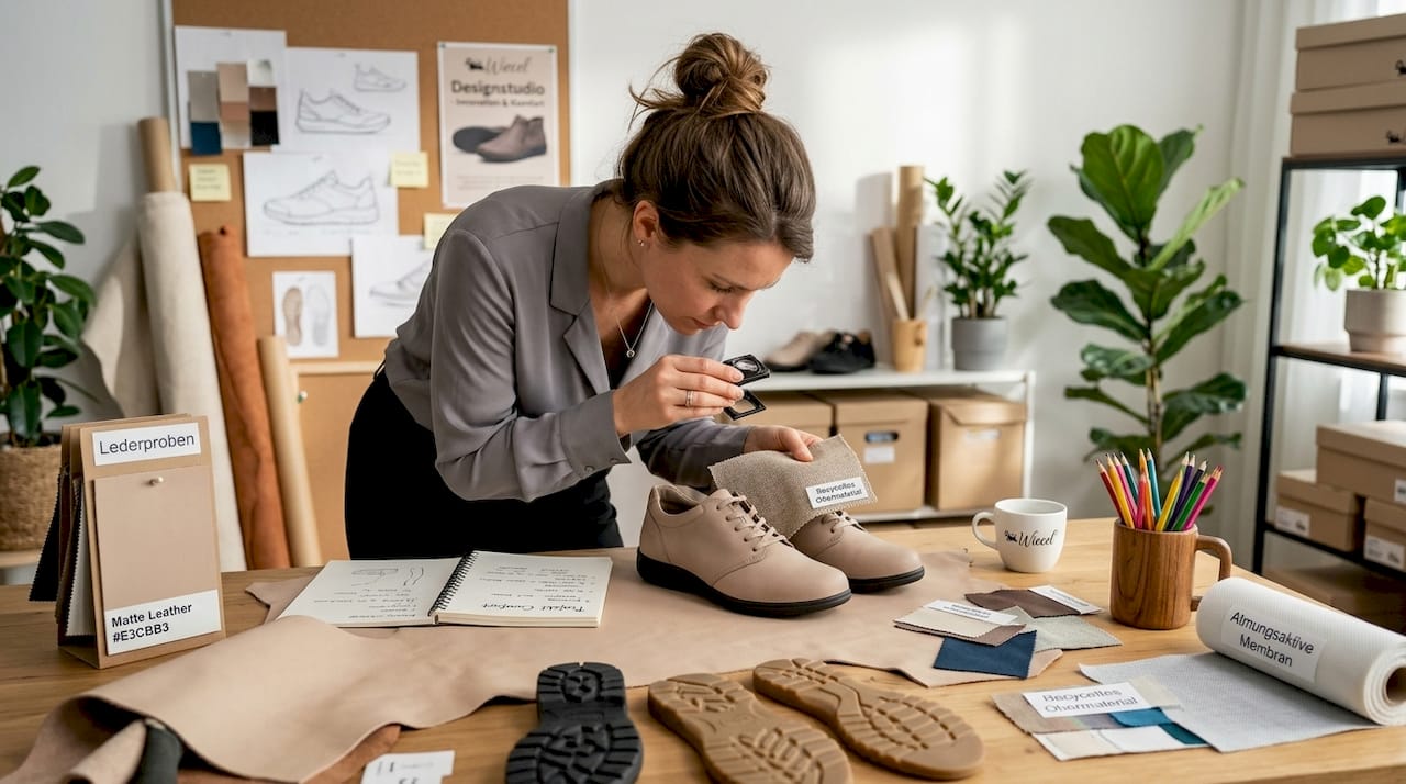Im Atelier nimmt ein Designer verschiedene Materialien für Gesundheitsschuhe genau unter die Lupe.