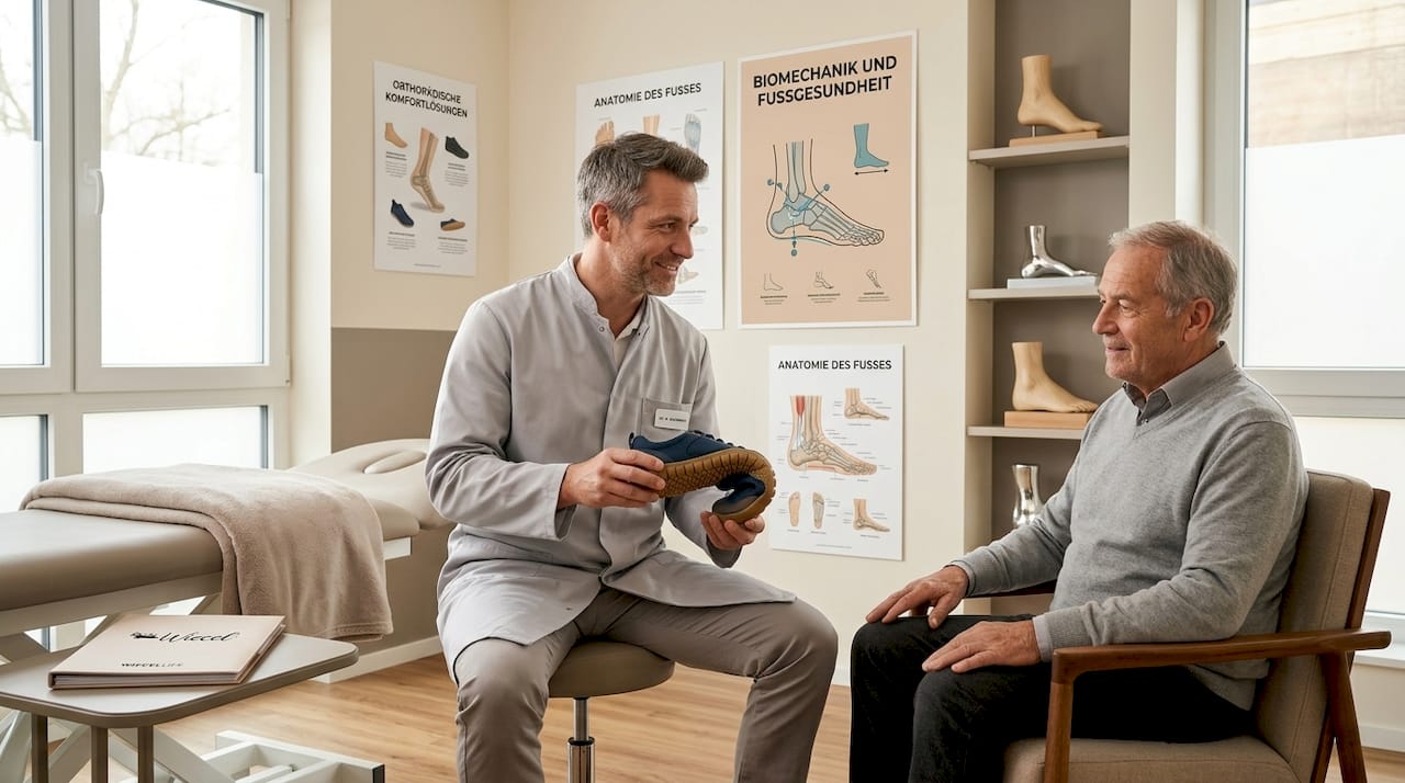 Ein Orthopäde erläutert seinem Patienten in der Praxis die Vorteile von Barfußschuhen.