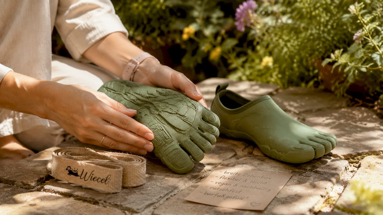 In den Händen werden vegane Barfußschuhe mit extra viel Platz für die Zehen gehalten.