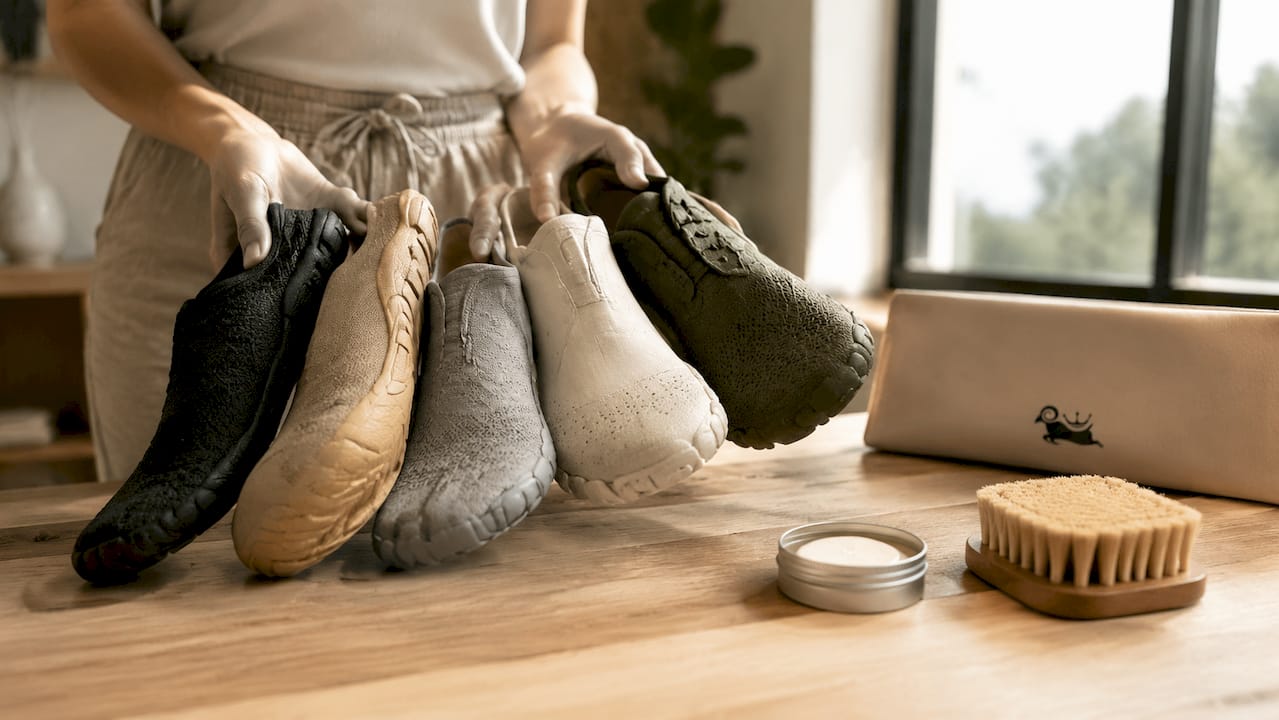 Detailreiche Aufnahmen verschiedener Materialien und Farbtöne von Schuhen