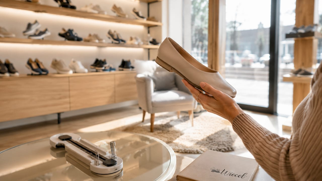 Zwei Hände halten unterschiedliche Schuhe nebeneinander, um schmale und breite Modelle direkt miteinander zu vergleichen.