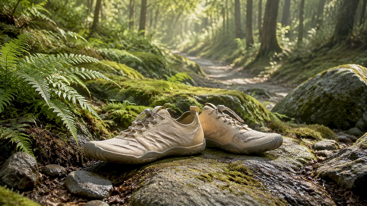 Ein Paar Barfußschuhe steht auf einer Holzbänk im Wald – mitten in der Natur, ganz nah am Leben draußen.
