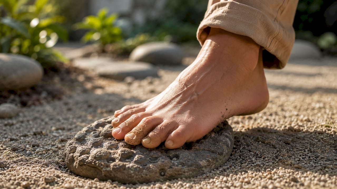 Ein nackter Fuß in Großaufnahme, der auf einer Mischung aus Stein und Sand steht