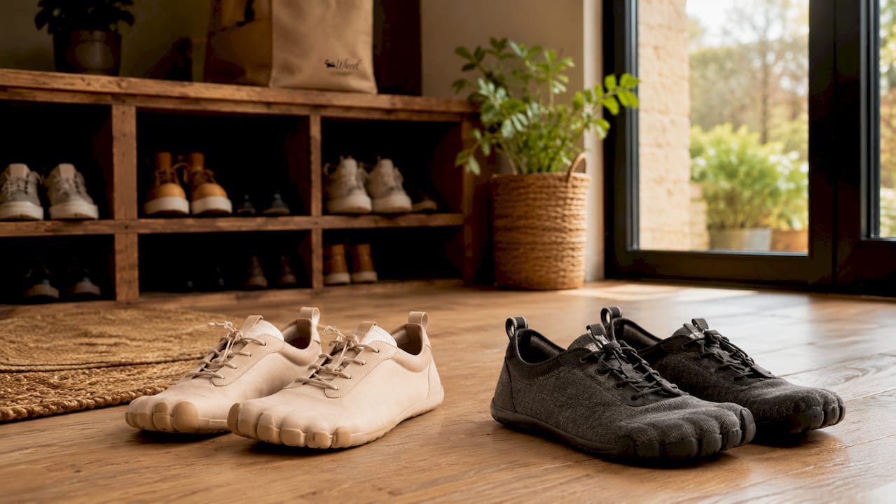 Detailaufnahme skandinavischer Barfußschuhe auf einem Betonboden