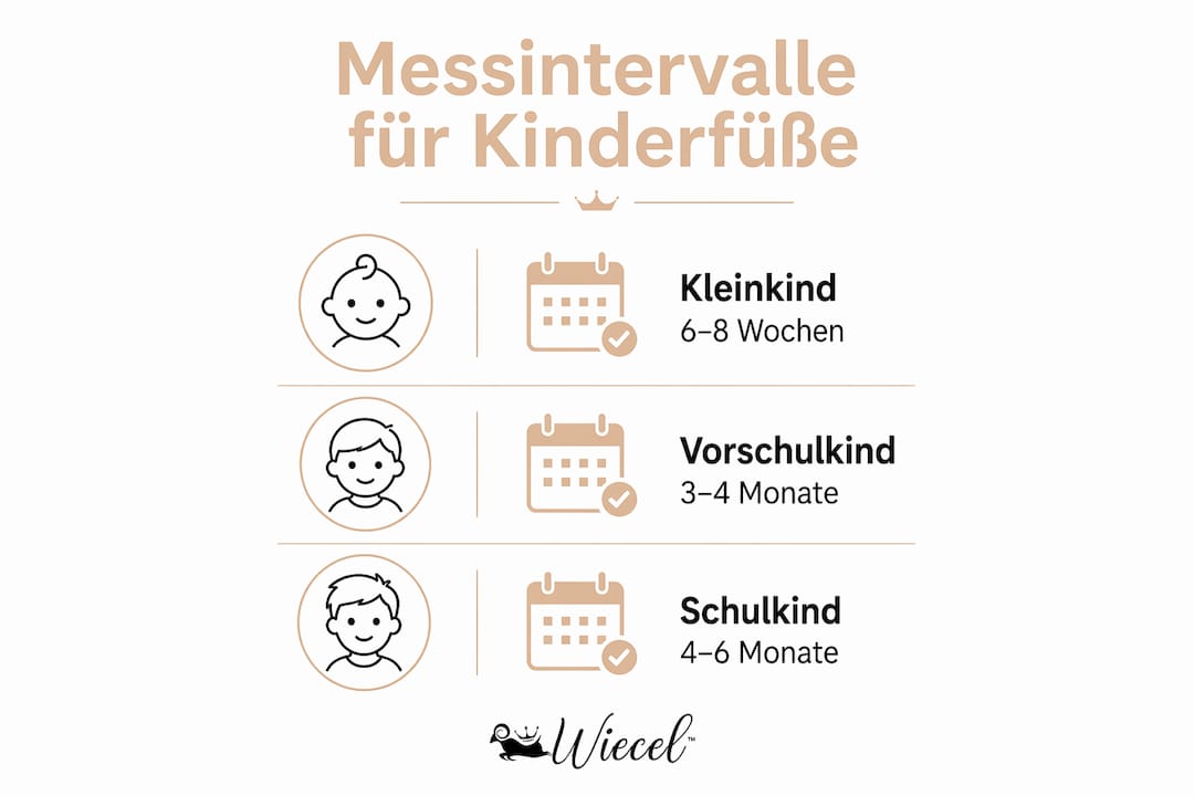 Die Infografik veranschaulicht, wie häufig Kinderfüße gemessen werden sollten.