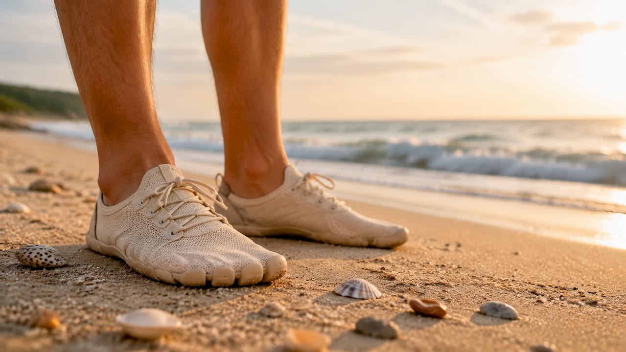 Mit Barfußschuhen über die Wiese laufen und das Gras unter den Füßen spüren.