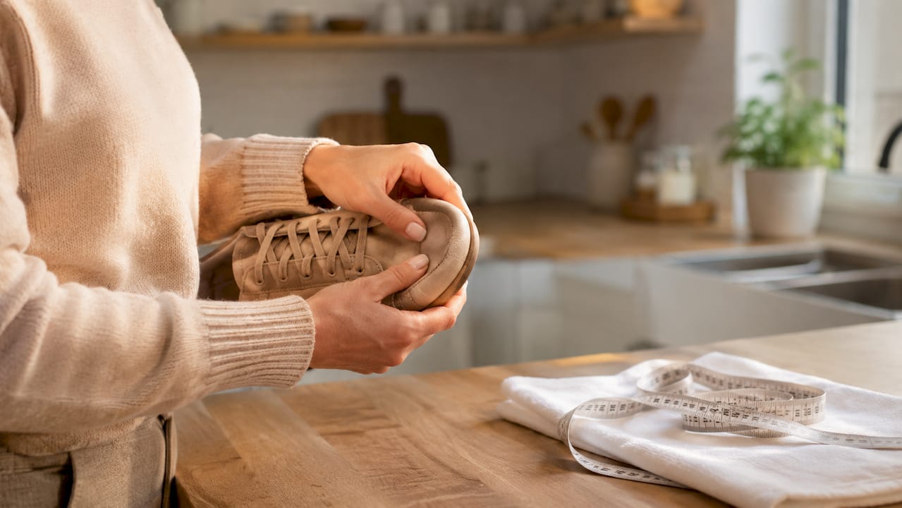 Mit den Händen wird die runde Schuhspitze sorgfältig begutachtet.