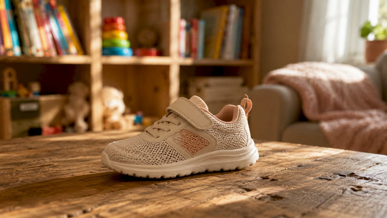 Detailansicht des atmungsaktiven Mesh-Materials eines Kinderschuhs