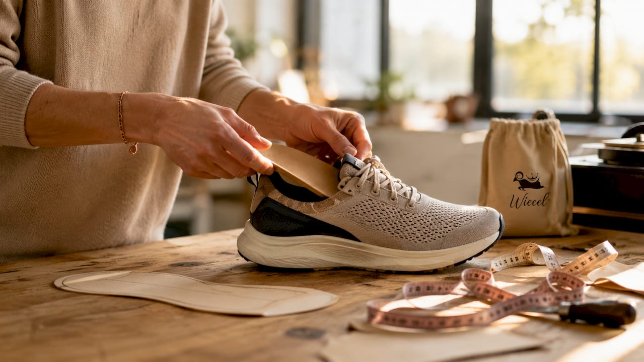 Mit geübten Händen wird eine orthopädische Einlage sorgfältig in den Schuh eingesetzt.
