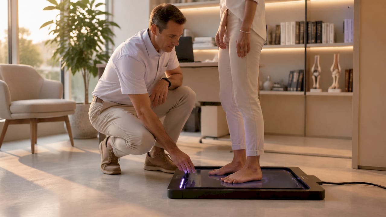 In der orthopädischen Praxis wird der Fußscanner von Hand bedient.