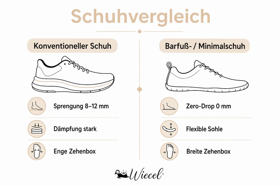 Vergleichsgrafik: Klassische Schuhe vs. Barfußschuhe – alle Unterschiede auf einen Blick