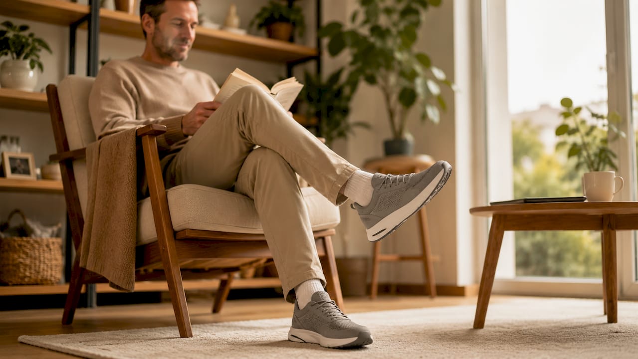 Detailaufnahme von gut gepolsterten Schuhen, die die Belastung auf die Knie spürbar verringern.