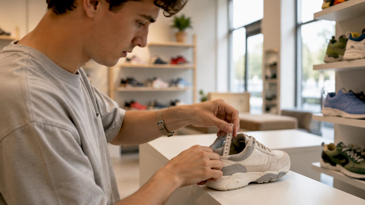 Detailaufnahme: Jemand misst im Schuhgeschäft die Schuhgröße von Hand.