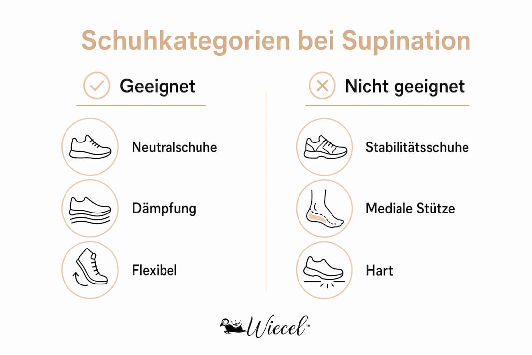 Infografik: Welche Schuharten eignen sich am besten bei Supination? Ein übersichtlicher Vergleich der wichtigsten Kategorien.