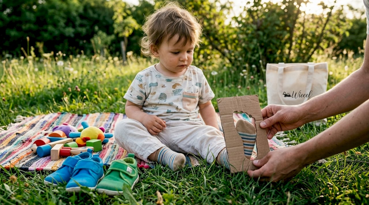 Im Kinderzimmer steht ein Kind barfuß auf einer Pappschablone und lässt seinen Fuß umranden.