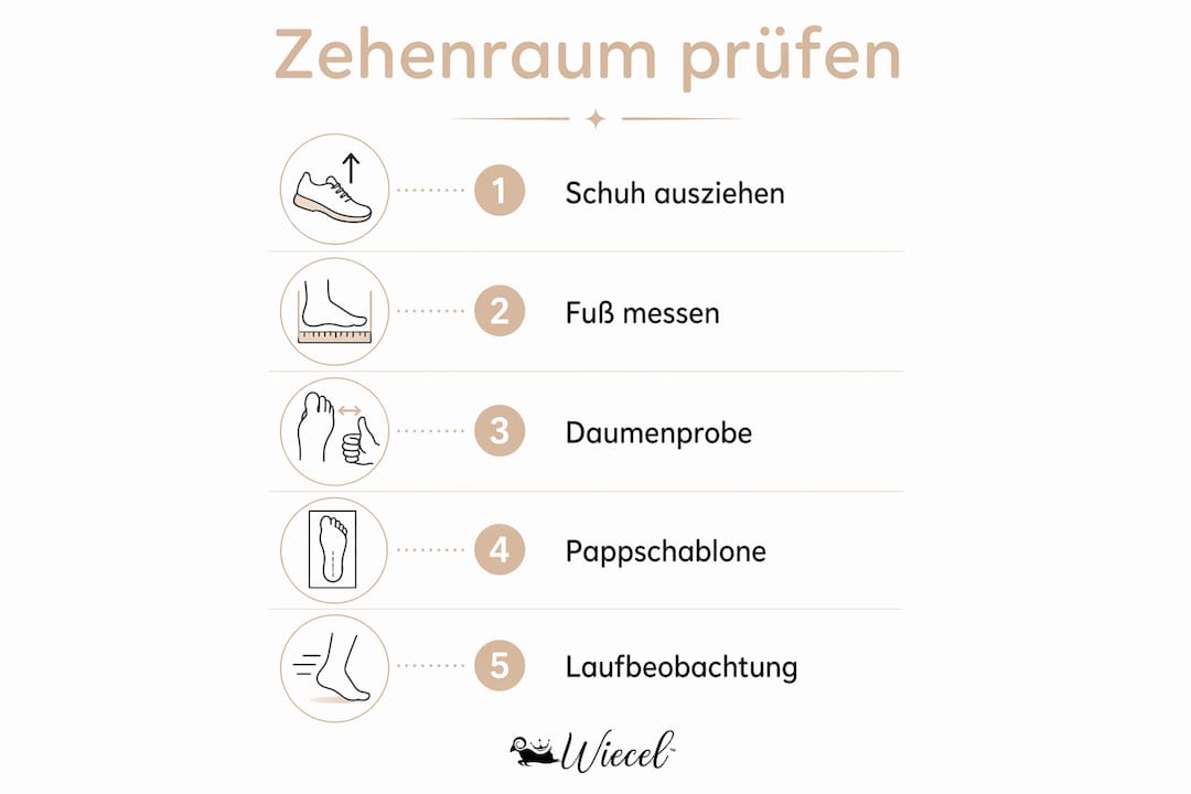 Schritt-für-Schritt-Anleitung: So überprüfst du, ob deine Zehen im Schuh genug Platz haben (Infografik)