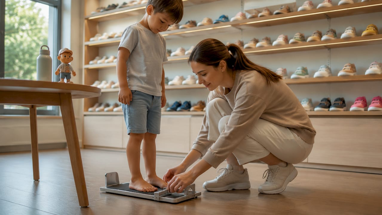 Ein Kind lässt im Schuhgeschäft die Füße vermessen, um die passende Schuhgröße zu finden.