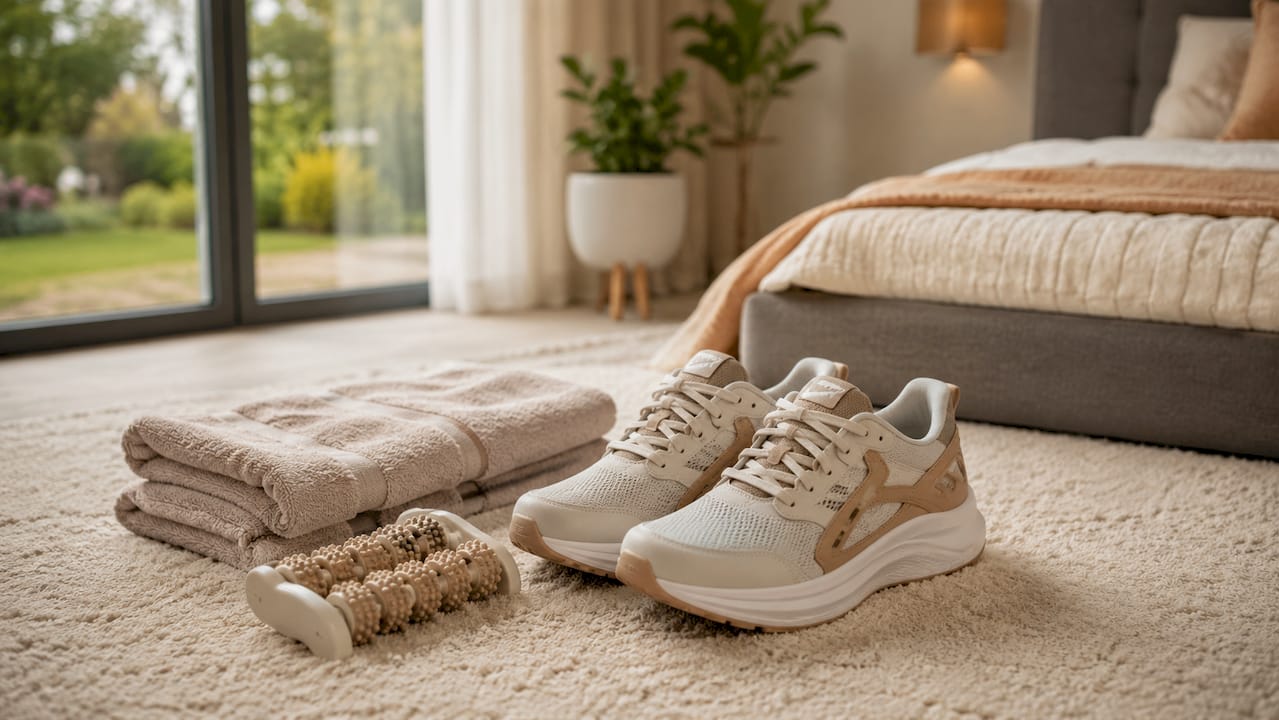 Orthopädische Laufschuhe mit Einlegesohle auf einem Holzfußboden
