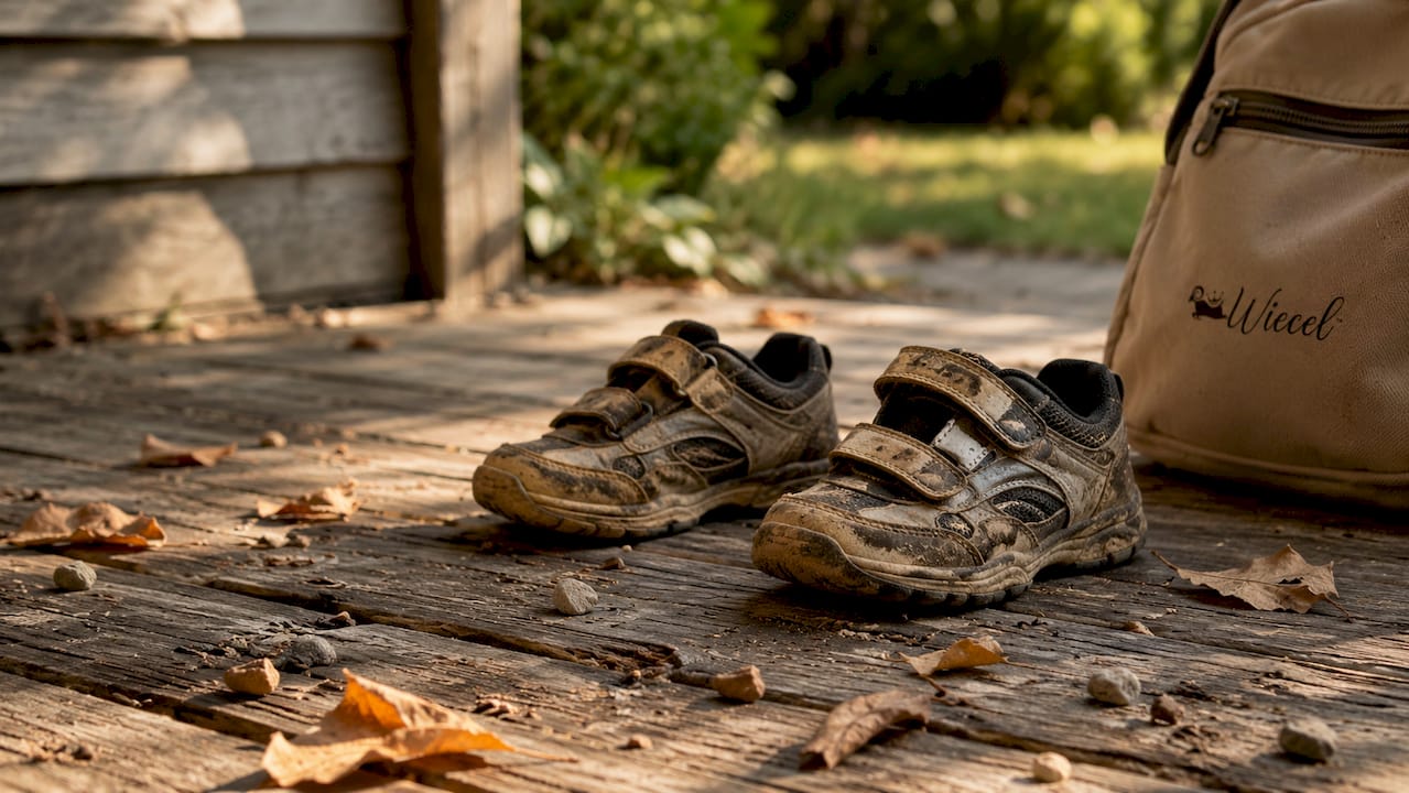Nahaufnahme von abgetragenen Kinderschuhen im Freien