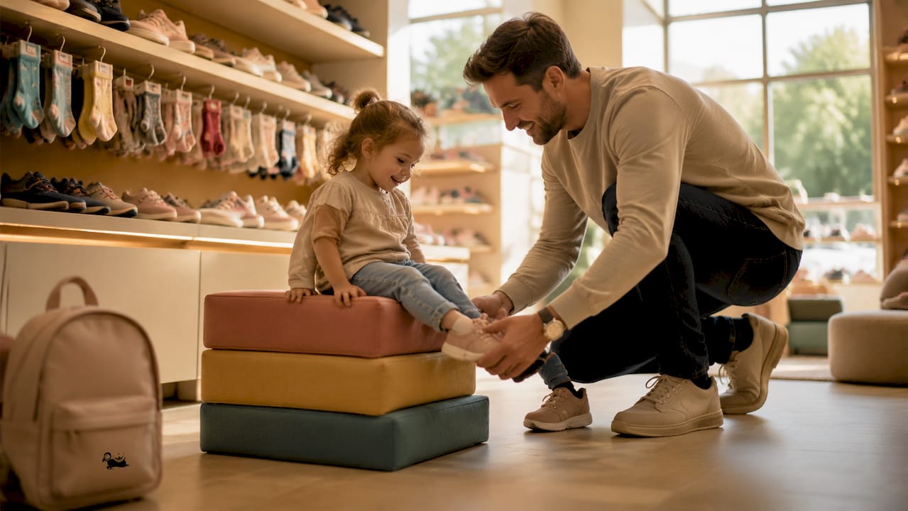 Ein Vater begleitet sein Kind ins Schuhgeschäft und unterstützt es dabei, die passenden Schuhe auszuwählen.