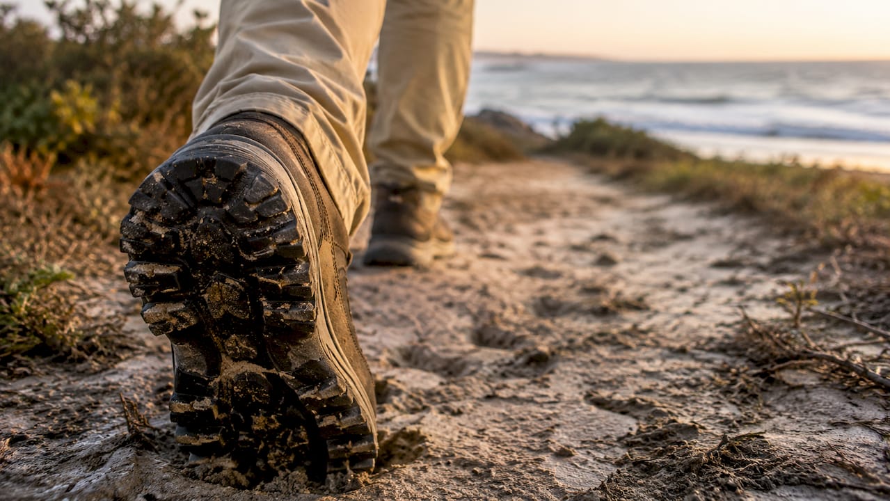 Nahaufnahme des Profils einer Schuhsohle auf Waldboden