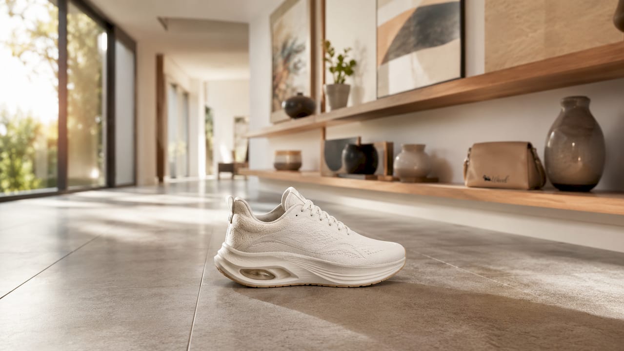 Detailaufnahme eines Sneakers mit spezieller Dämpfung und gepolsterter Ferse
