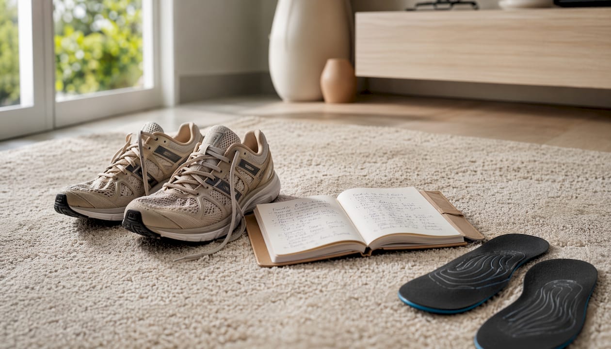 Abgetragene Laufschuhe mit Einlagen und ein Notizbuch liegen in der Praxis bereit.
