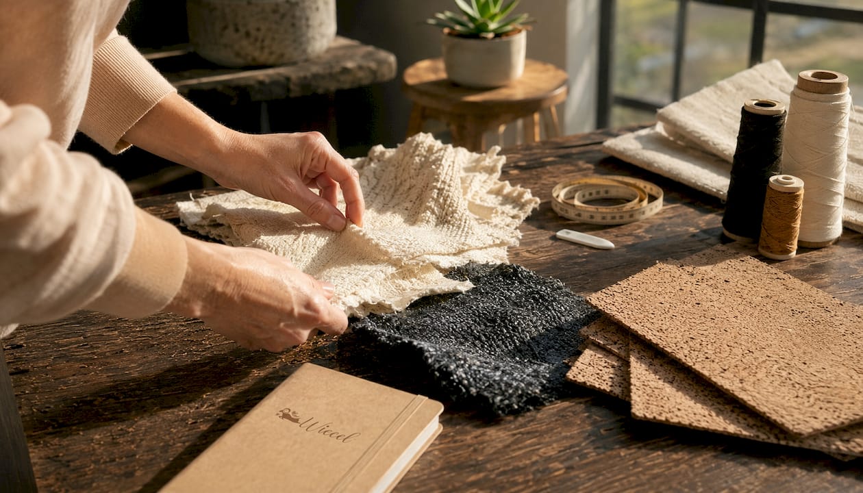 Im Studio werden nachhaltige Materialien für Schuhe in der Hand präsentiert.