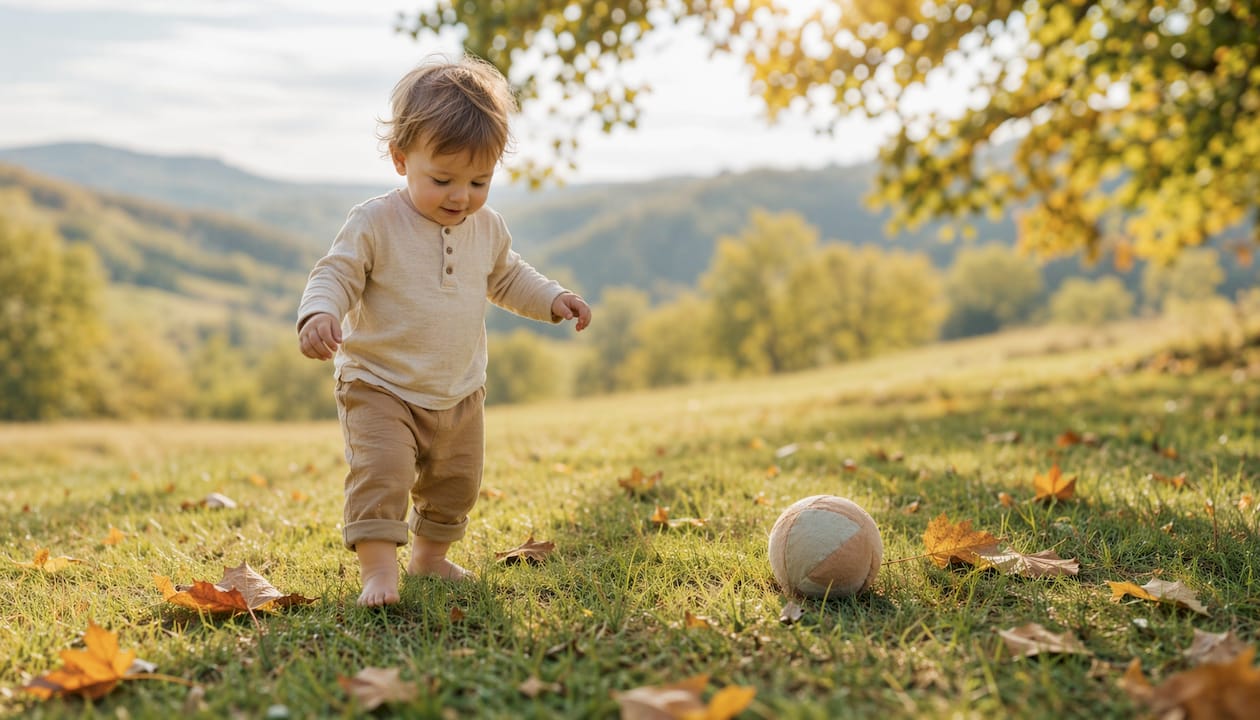 Kinderfüße, die barfuß durch das Gras laufen – ganz nah eingefangen.