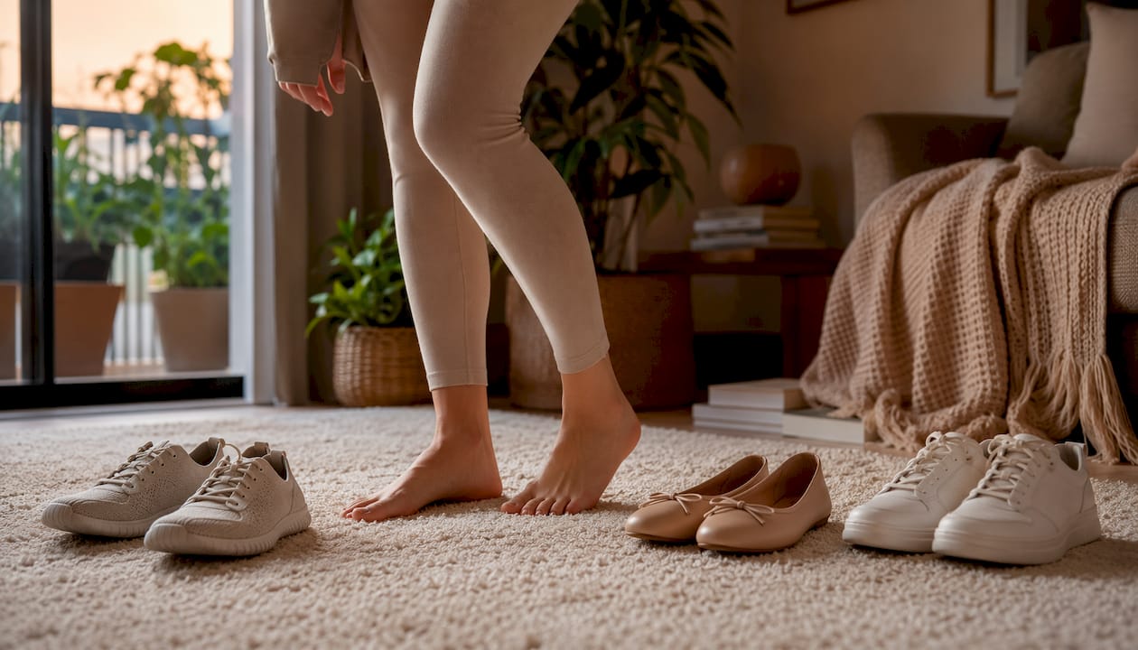 Eine Frau mit geschwollenen Füßen steht ratlos vor einer Auswahl an Schuhen.