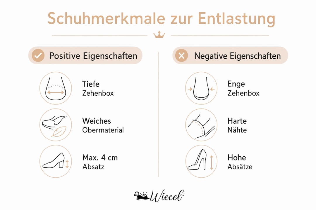Diese Infografik veranschaulicht, welche Schuh-Eigenschaften sich bei Hammerzehen positiv oder negativ auswirken.
