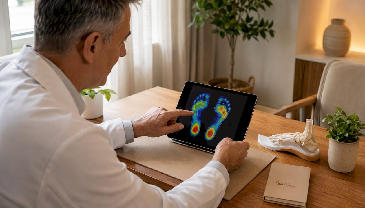 Mit den Händen wird auf dem Tablet die Fußdruck-Heatmap ausgewertet.